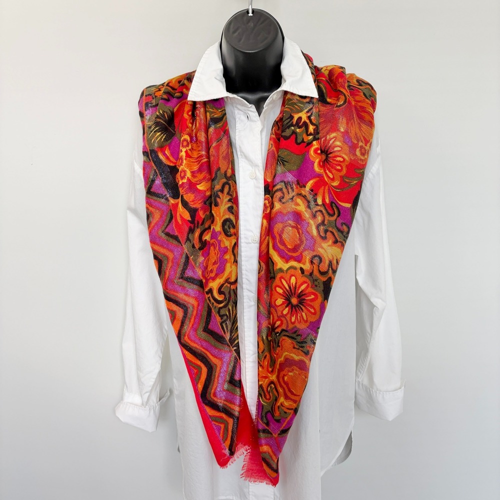 Betmar Vintage Square Scarf Floral Chevron Metallic 45x45 Red Multi
